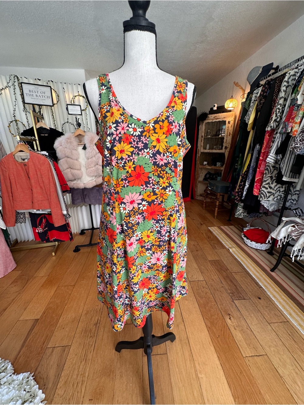 Navy Multicolor Floral Sleeveless Midi Dress